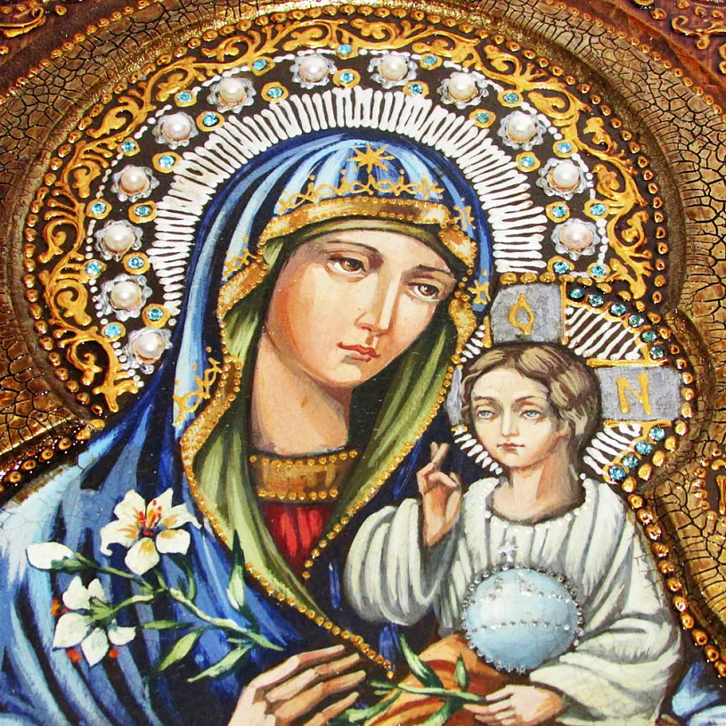 Живописная икона Божией Матери Неувядаемый Цвет на кипарисе