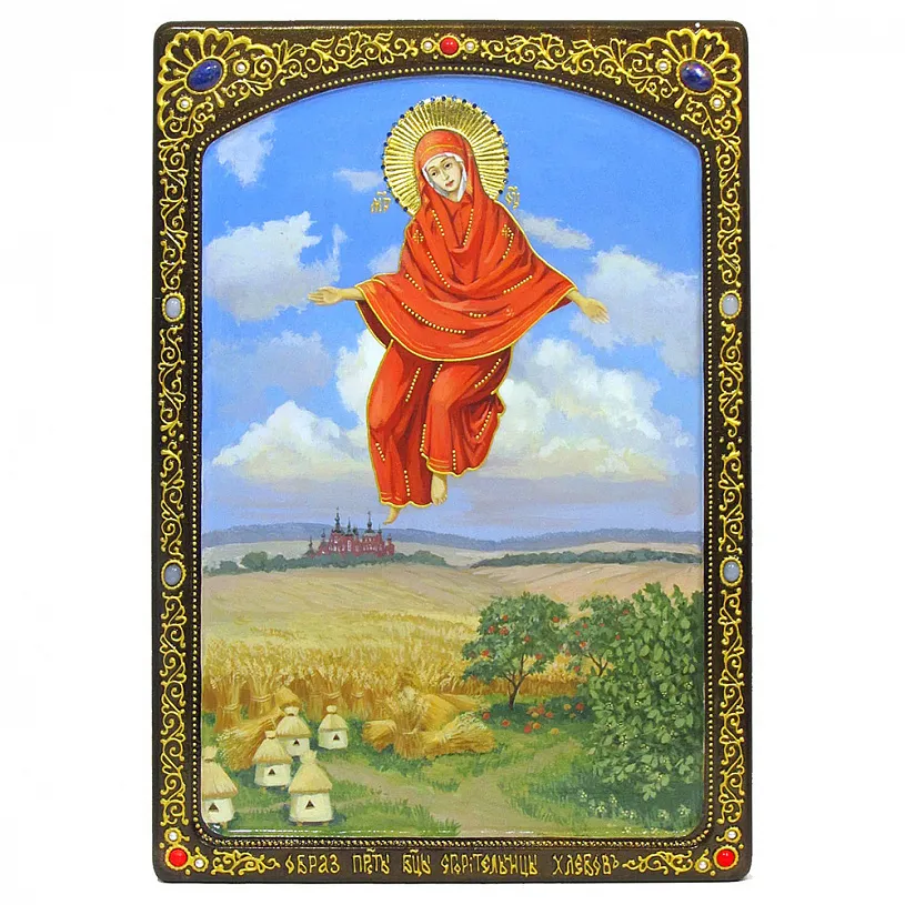 Живописная икона Образ Божией Матери "Спорительница хлебов" на кипарисе в березовом киоте
