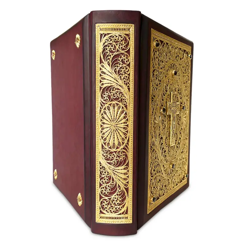 Большая библия в миниатюрах Палеха с золотой филигранью , гранатами