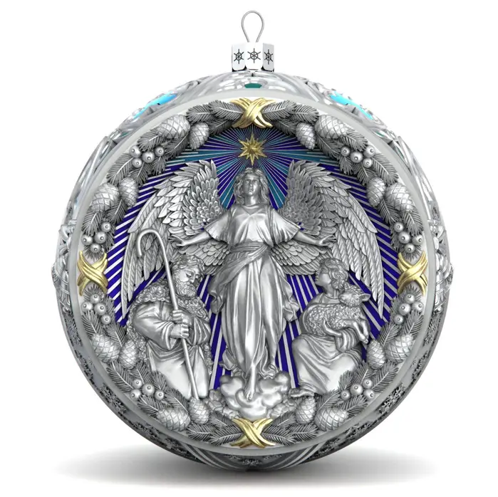 Серебряный елочный шар "Явление Ангела" с эмалью