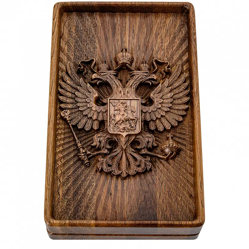 Домино в резной дубовой шкатулке "Герб РФ"