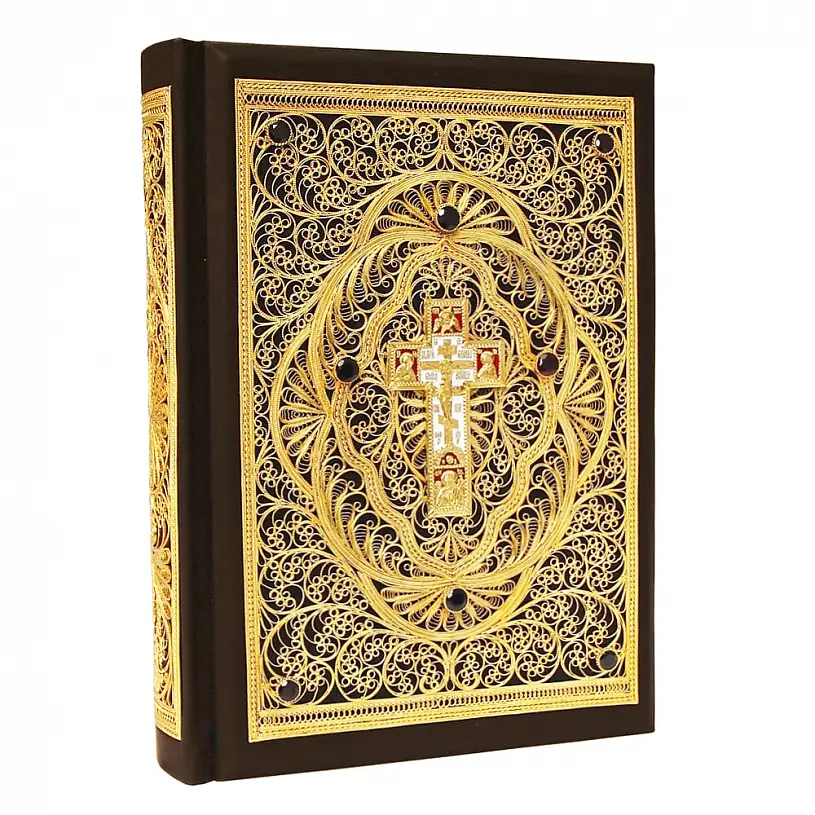 Библия большая с литьем и филигранью (золото) и гранатами в замшевой шкатулке