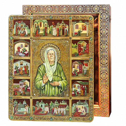 Живописная икона Блаженная старица Матрона Московская с житийными сценами на кипарисе