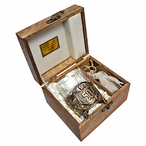 Бокал для виски "Юбилей, 50 лет" с камнями в деревянном футляре