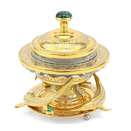 Икорница украшенная "Стерлядки" малахит, Златоуст