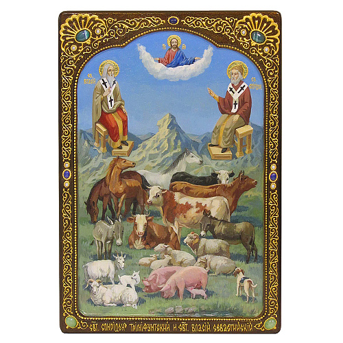 Икона живописная  "Святители Спиридон Тримифунтский и Власий Севастийский" на кипарисе в березовом киоте