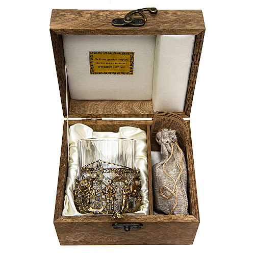 Бокал для виски "Строители" с камнями в деревянном футляре