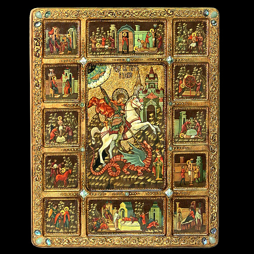 Живописная икона Георгий Победоносец с житийными сценами на кипарисовой доске