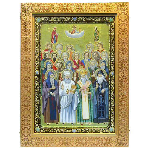 Живописная икона "Собор Святых Целителей" на кипарисе в березовом киоте