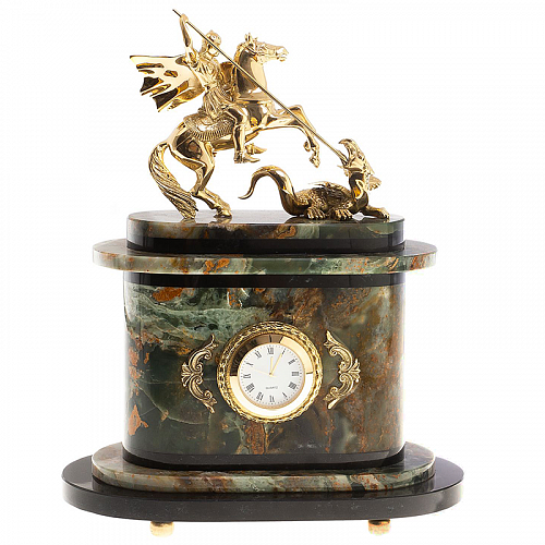 Часы каминные из камня "Георгий Победоносец"офиокальцит