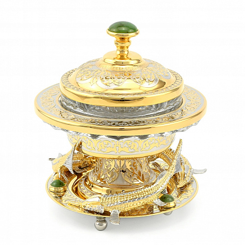 Икорница украшенная "Стерлядки" нефрит, Златоуст