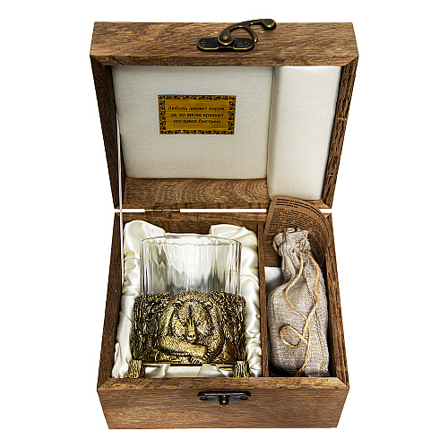 Бокал для виски "Медведь" с камнями в деревянном футляре
