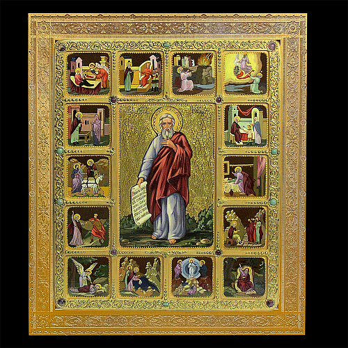 Живописная икона Пророк Илия Фесфитянин с житийными сценами на кипарисовой доске