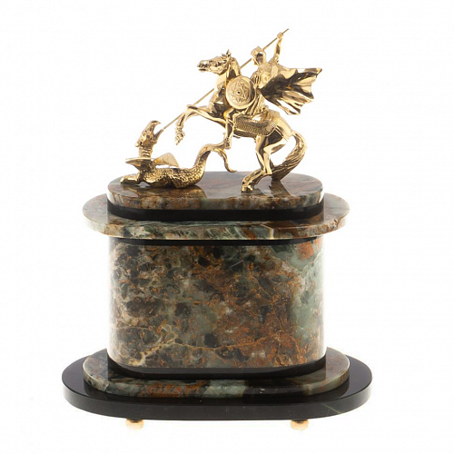 Часы каминные из камня "Георгий Победоносец"офиокальцит