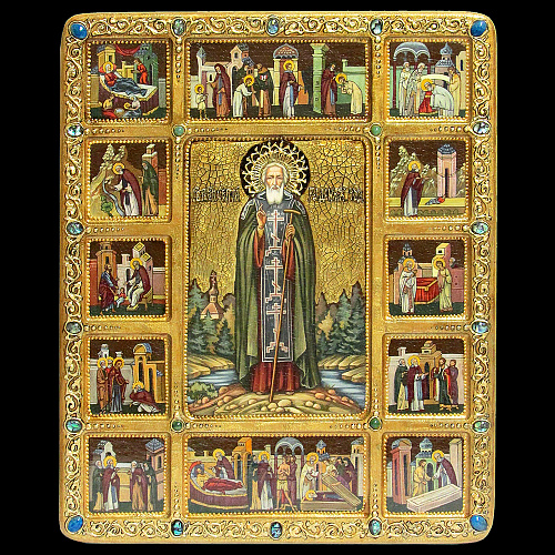 Живописная икона Сергий Радонежский с житийными сценами на кипарисовой доске