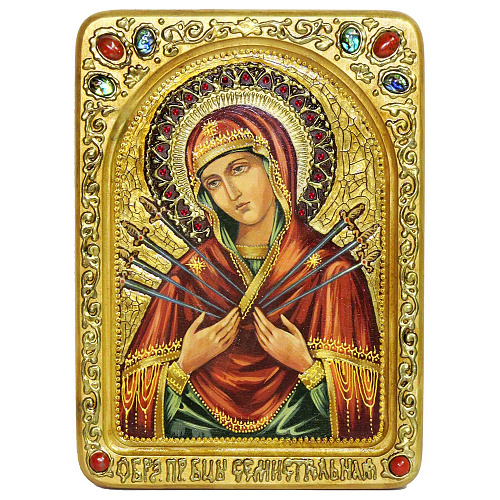 Живописная икона на кипарисе "Образ Божией Матери Семистрельная"