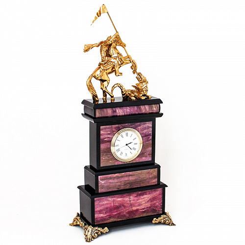 Часы из родонита и бронзы "Георгий Победоносец"