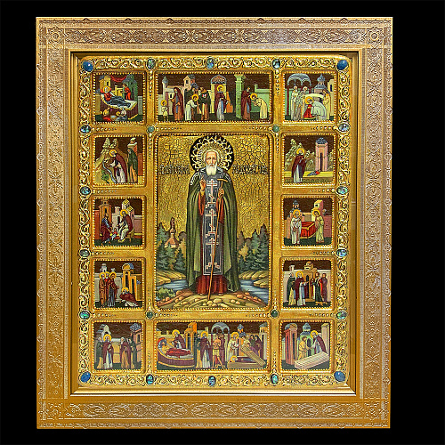 Живописная икона Сергий Радонежский с житийными сценами на кипарисовой доске