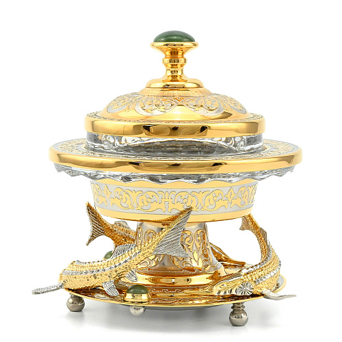 Икорница украшенная "Стерлядки" нефрит, Златоуст