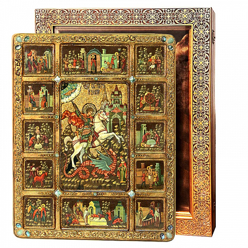 Живописная икона Георгий Победоносец с житийными сценами на кипарисовой доске