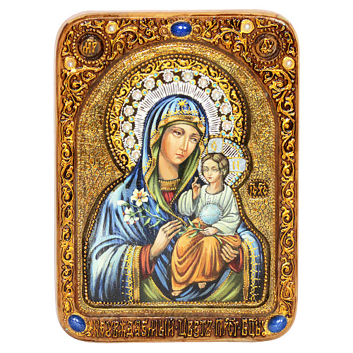 Живописная икона Божией Матери Неувядаемый Цвет на кипарисе