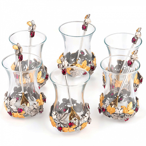 Набор серебряных армудов с ложками «Земляника» на 6 персон