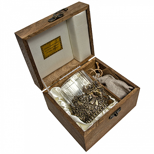 Бокал для виски "Охота" с камнями в деревянном футляре