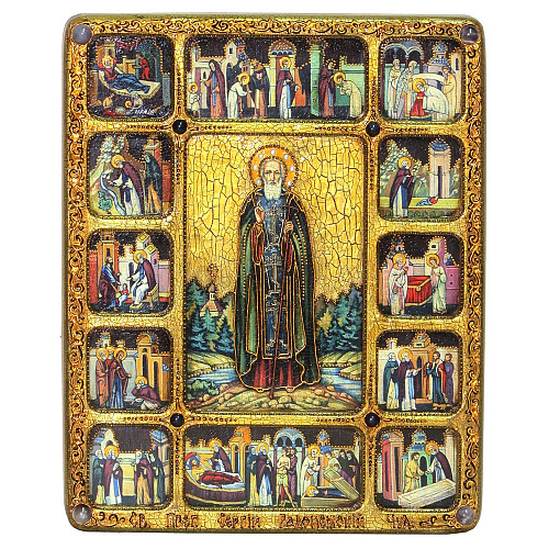 Икона подарочная "Преподобный Сергий Радонежский чудотворец" с житийными клеймами 