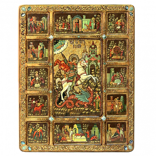 Живописная икона Георгий Победоносец с житийными сценами на кипарисовой доске
