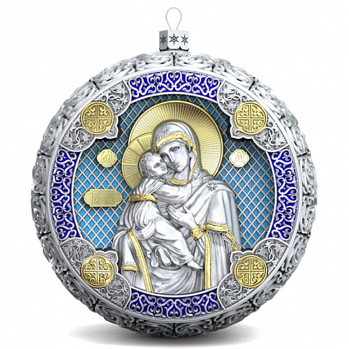 Серебряный елочный шар "Владимирская Богородица" с эмалью