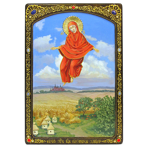 Живописная икона Образ Божией Матери "Спорительница хлебов" на кипарисе в березовом киоте