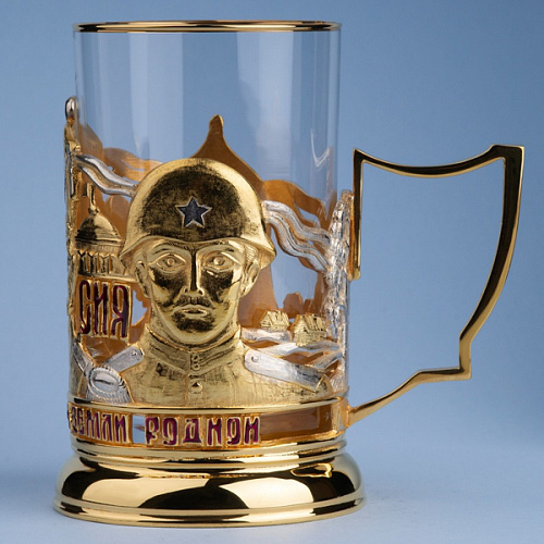 Подстаканник в футляре "Россия, Слава защитникам земли родной" (серебрение, золочение)