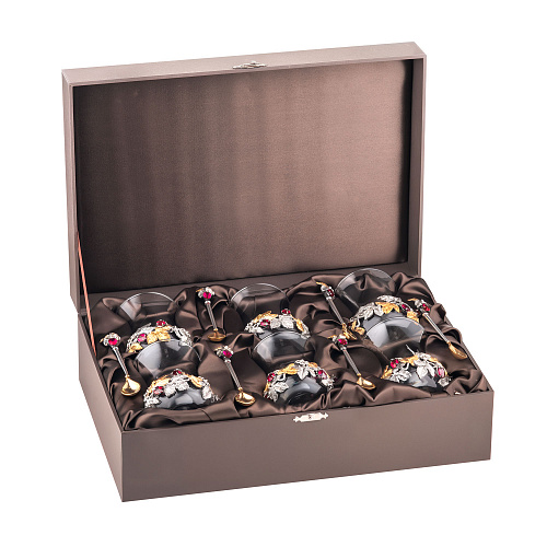 Набор серебряных армудов с ложками «Земляника» на 6 персон